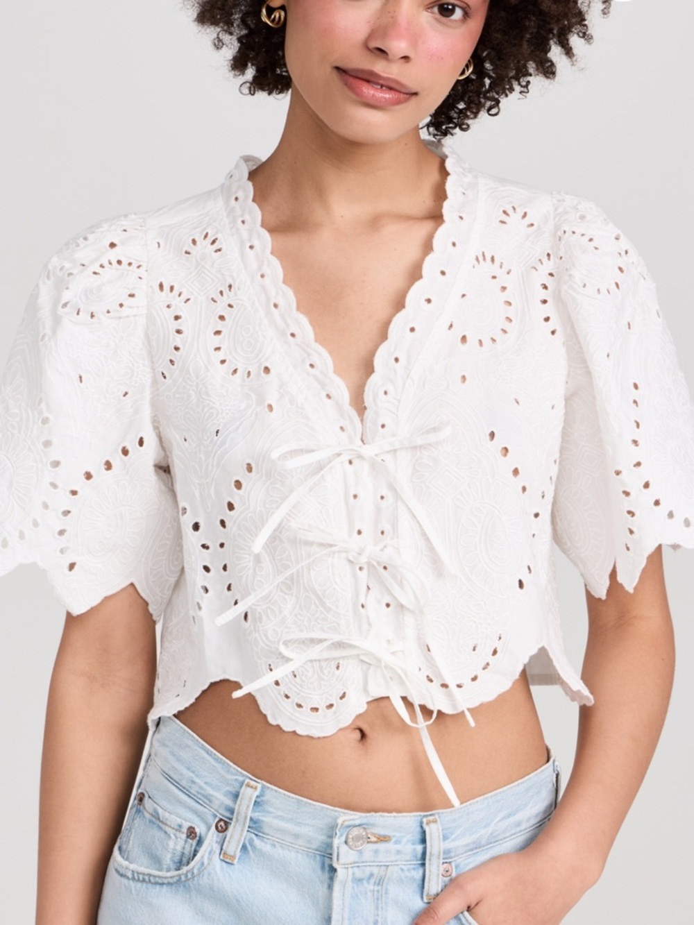 Moon River White Eyelet Lace-Up Cropped Blouse